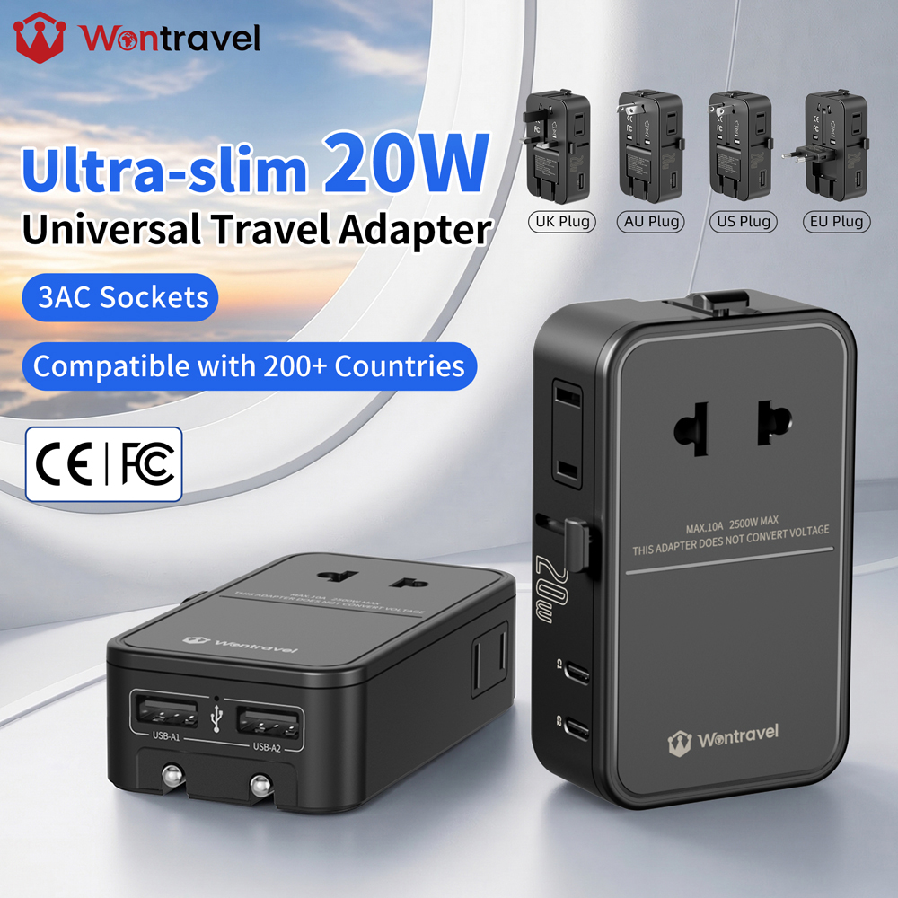 Wontravel 20W 7 in 1 Colorful Thin Travel Adaptor Universal Slim Travel Adapter with 3AC Outlet