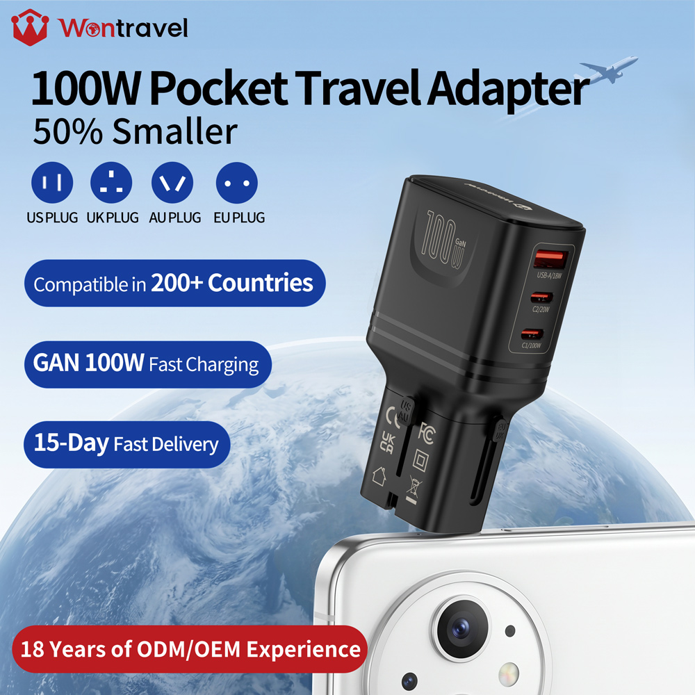 Wontravel Custom Logo Worldwide Plug 100W Dual Type C USB Mini Pocket Travel Adapter Universal