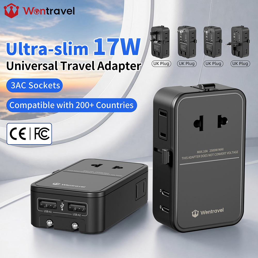 Wontravel 3AC Sockets Foldable USA 17W Universal Thin Travel Adapter Slim Travel Adaptor UK for Travel