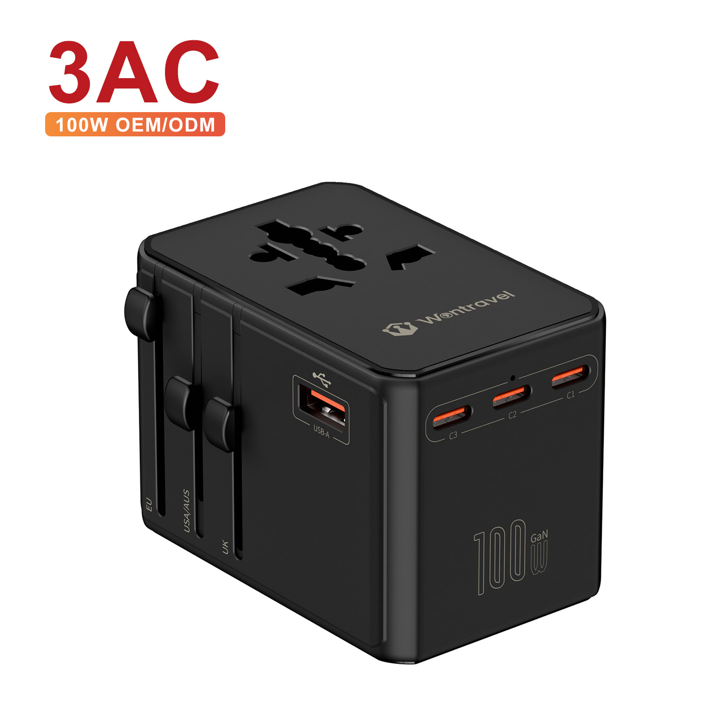 Wontravel Universal Travel Adaptor 3AC Socket 100w GaN Charger Type-c Fast Charging 7 Ports Travel Adapter for Travel Essentials