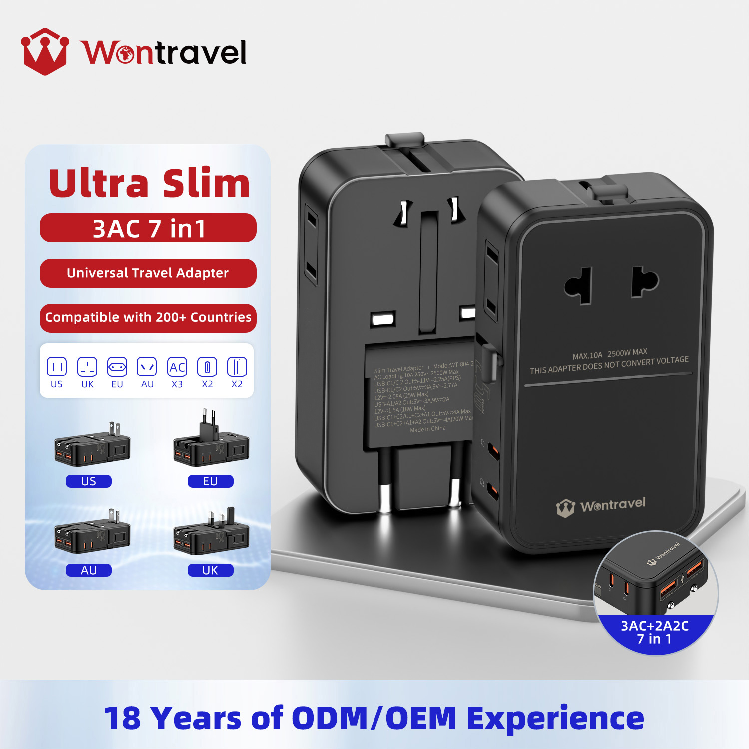 Wontravel Custom Logo 25W 3AC Sockets 7 Ports Power Slim Travel Adapter Work in 200+ Countries for Gift