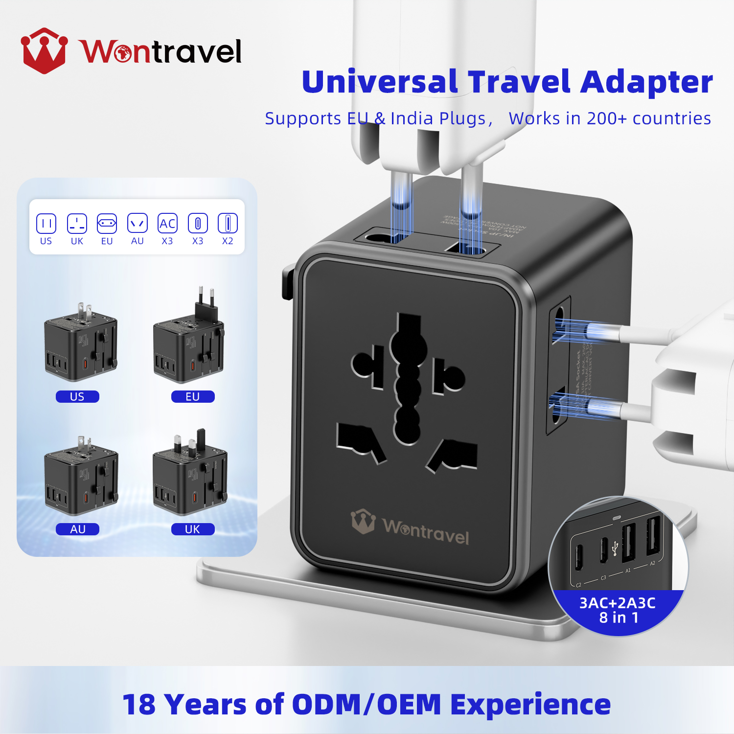 Wontravel Universal Travel Adapter Worldwide 45W 5 Usb Charger 3AC Sockets Universal Travel Adapter with Usb