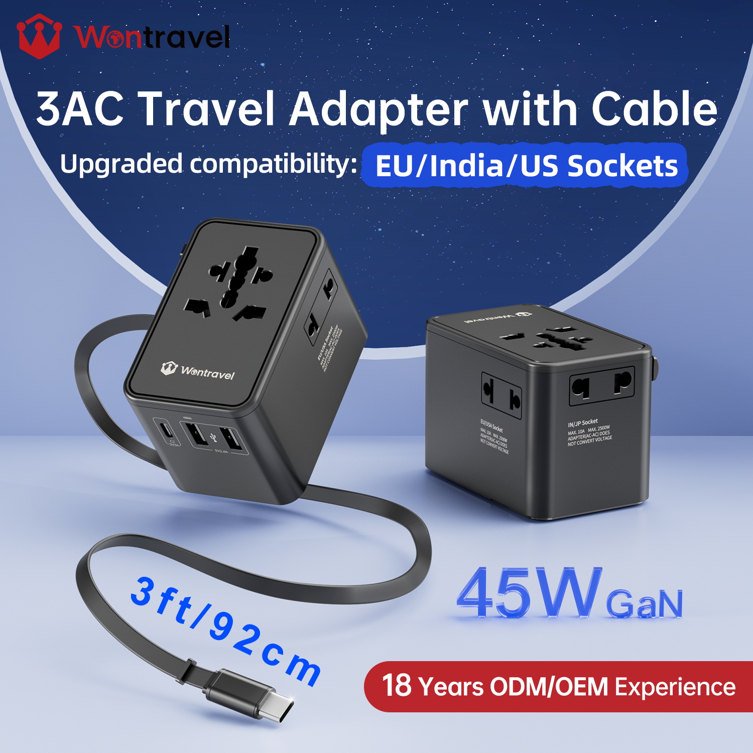 Wontravel 3AC Outlet FCC CE International 100W GaN Universal Travel Adapter 3usb-c Usb-a PD 3.0 for Laptop