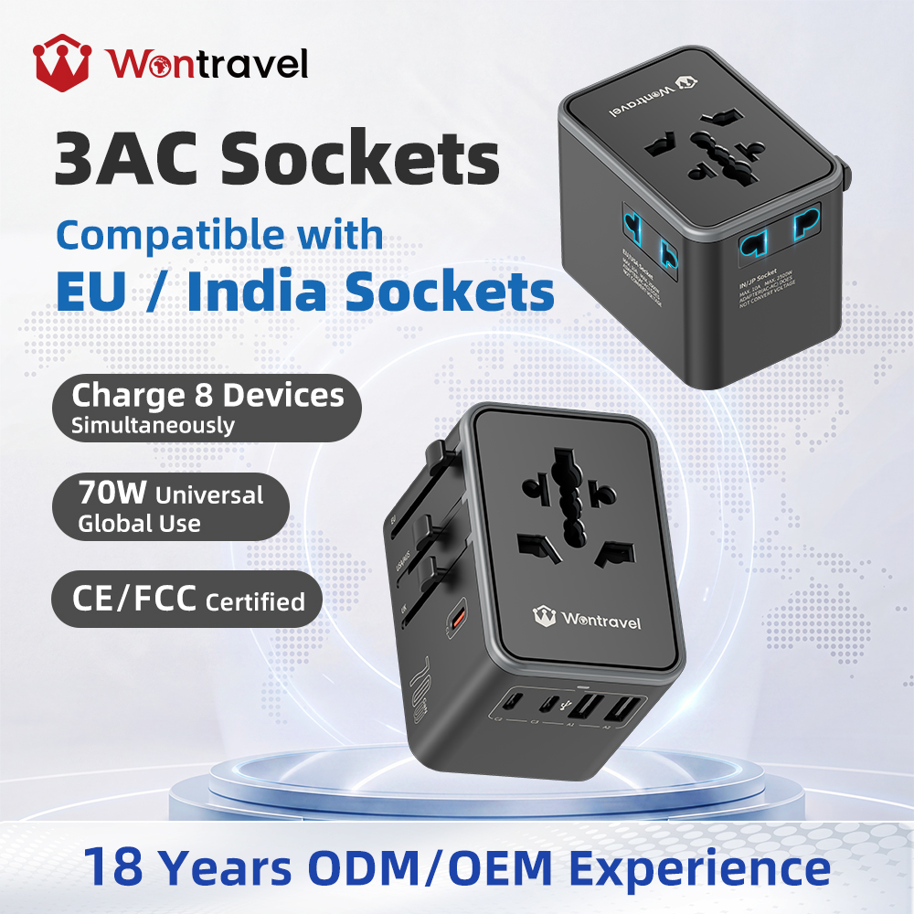 Wontravel Custom Logo 70W 3AC Sockets Worldwide Universal Plug World to AU/EU/UK/US Travel Adapter